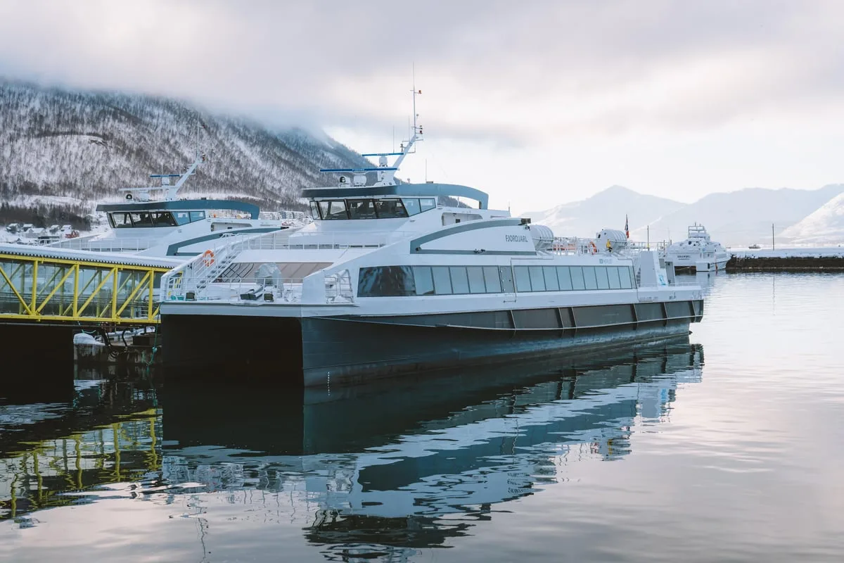 Passenger vessel moored below snowy mountains