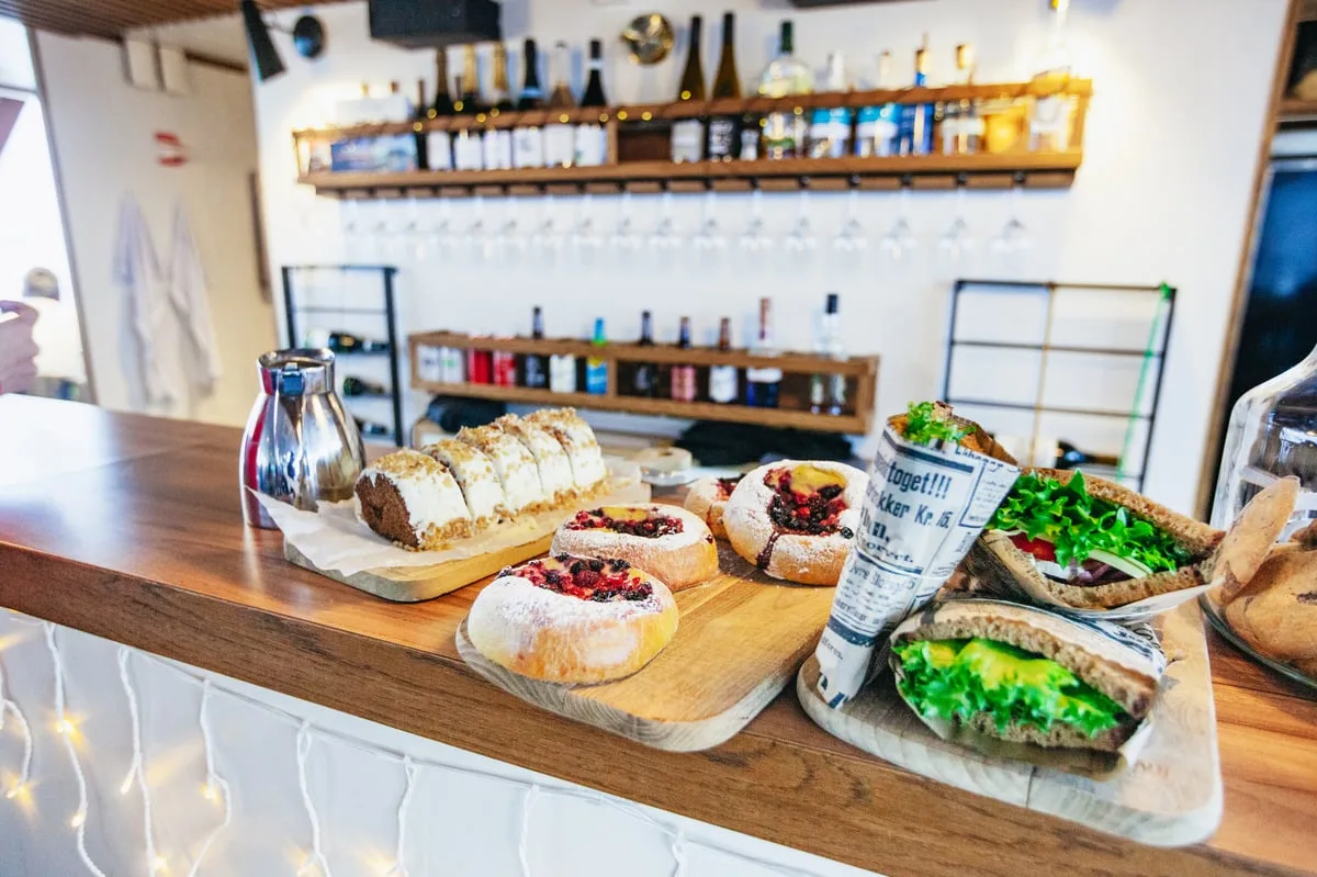 Food and drinks displayed at the onboard counter
